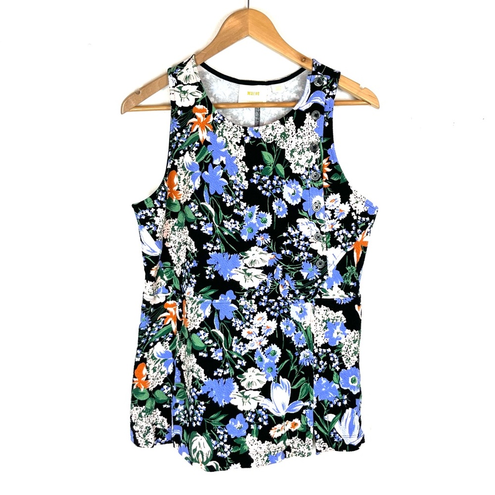 Anthropologie Maeve Sleeveless Peplum Floral Black Tank Top Summer Beach Brunch